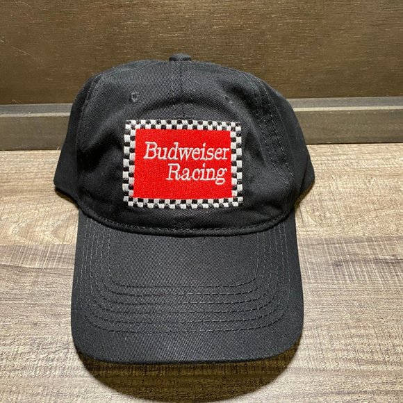 Budweiser Racing Track Embroider Black and White Flag on Black Adjustable Hat - Picture 1 of 3